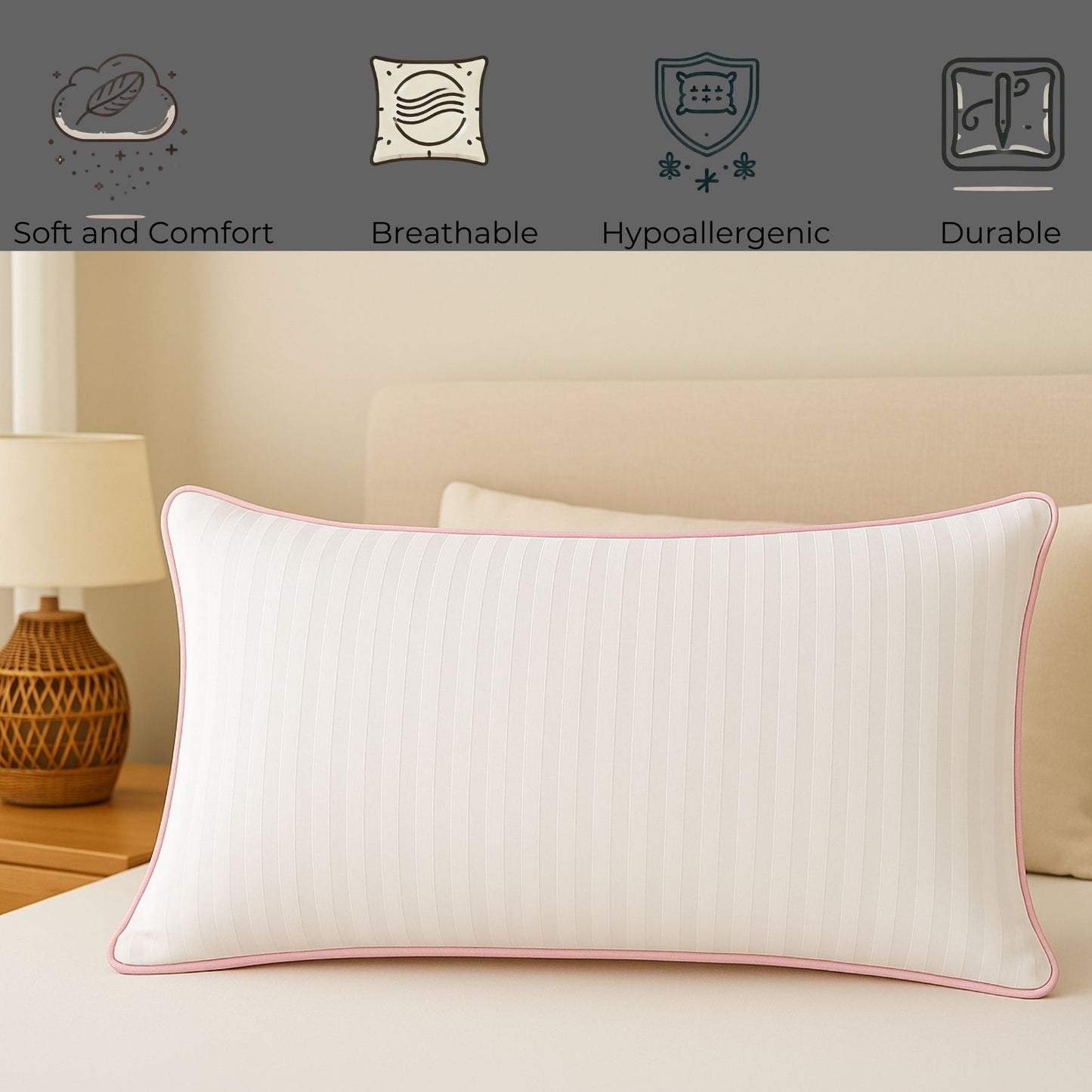 Siroki Bond Microfiber Filling Single Pipin Pillow for Home Bedroom & Living Room 17x27 Soft Satin Strip Sleeping Pillow (Pink)