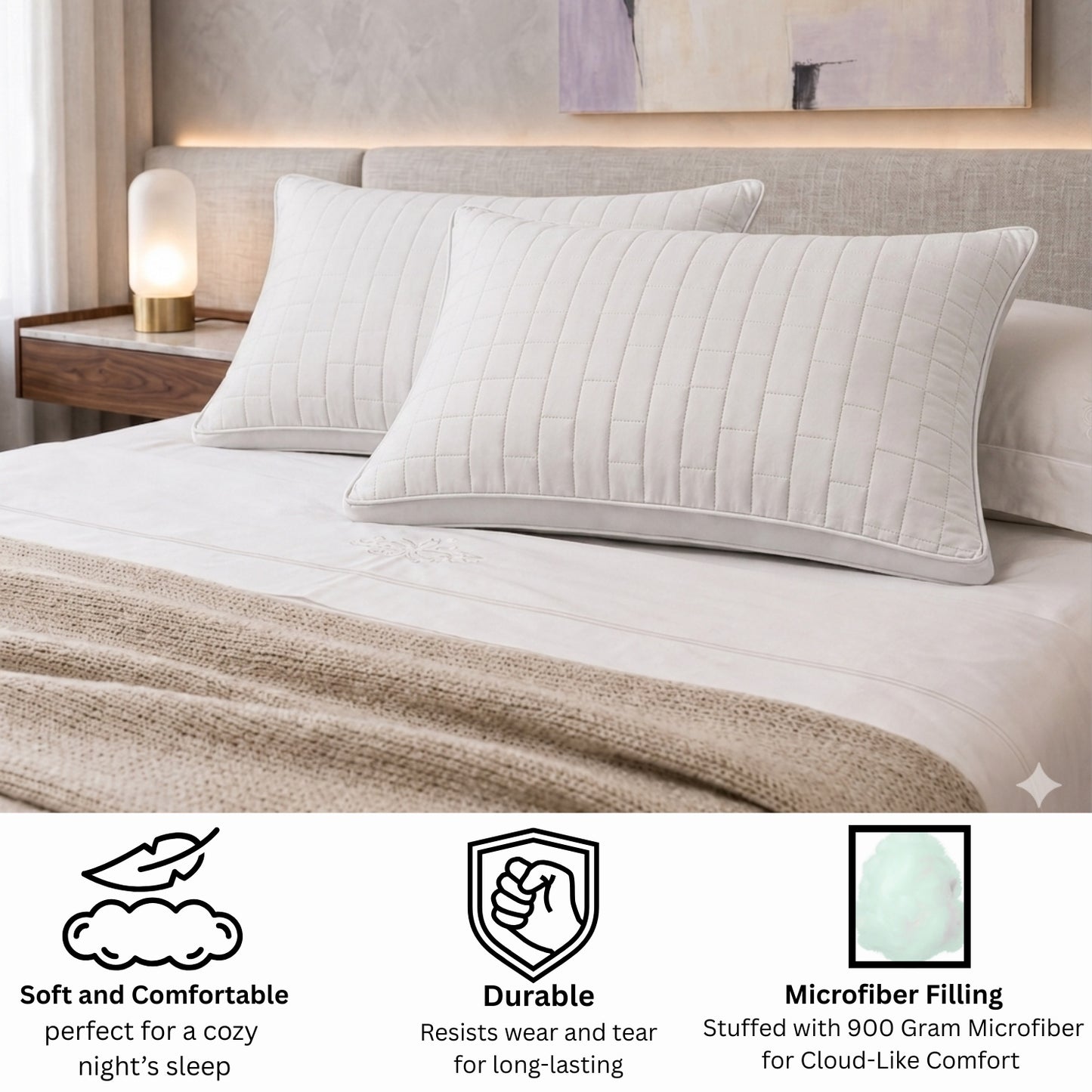 Siroki Bond Solid Double Pipin Quilted Sleeping Pillow (White) (16X24)