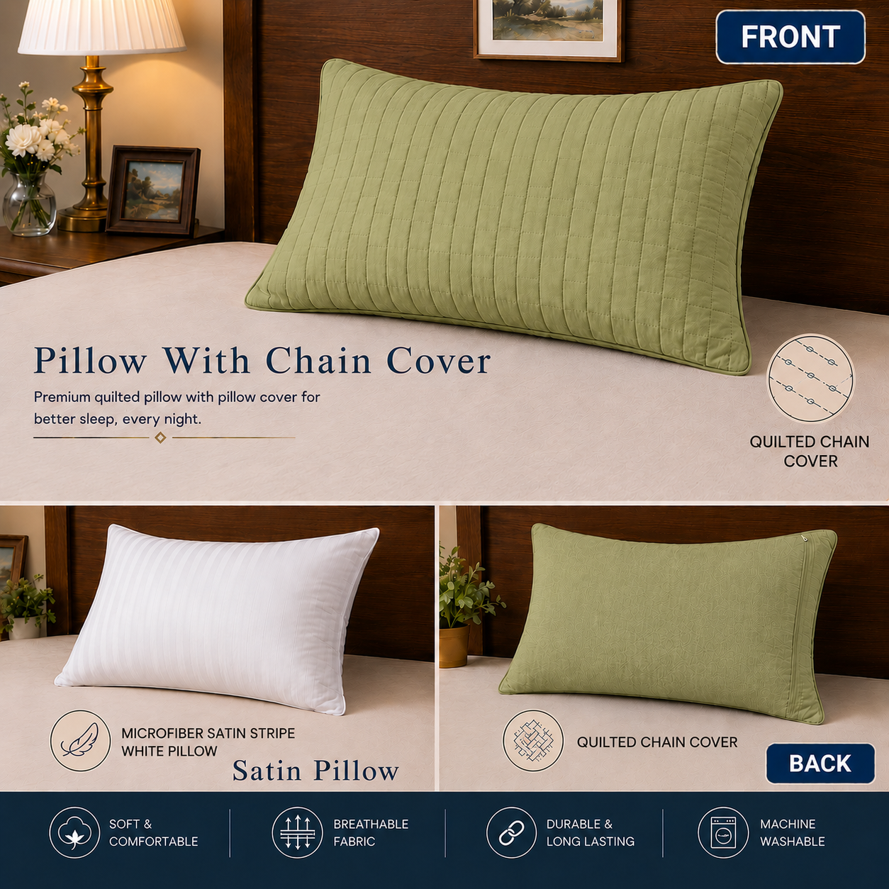 Siroki Bond Solid Quilted Sleeping Pillow Cover (16X24) – Olive