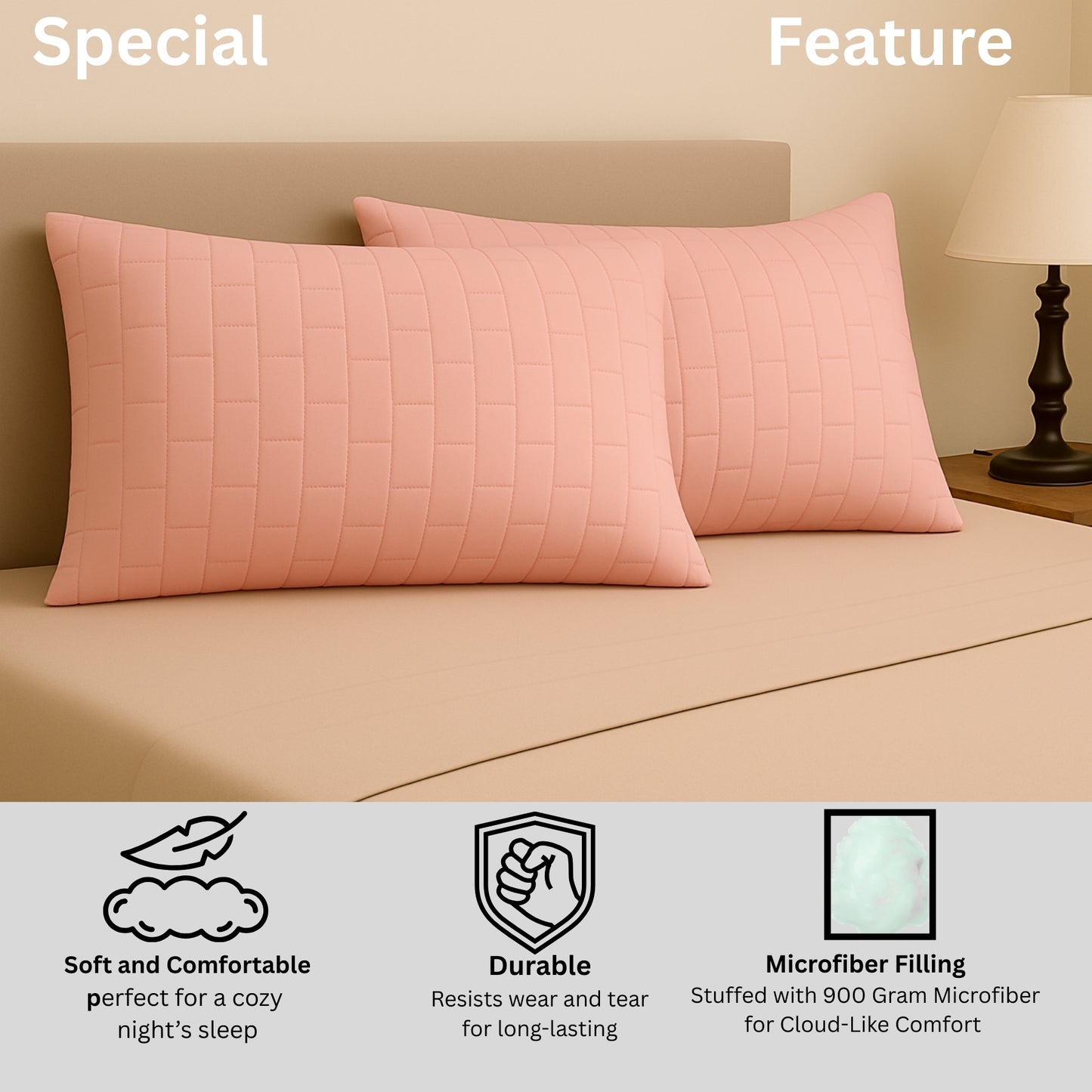Siroki Bond Microfiber filling Quilted Pillow for Home Bedroom & Living Room 17x27 Soft Sleeping Pillow (Peach)