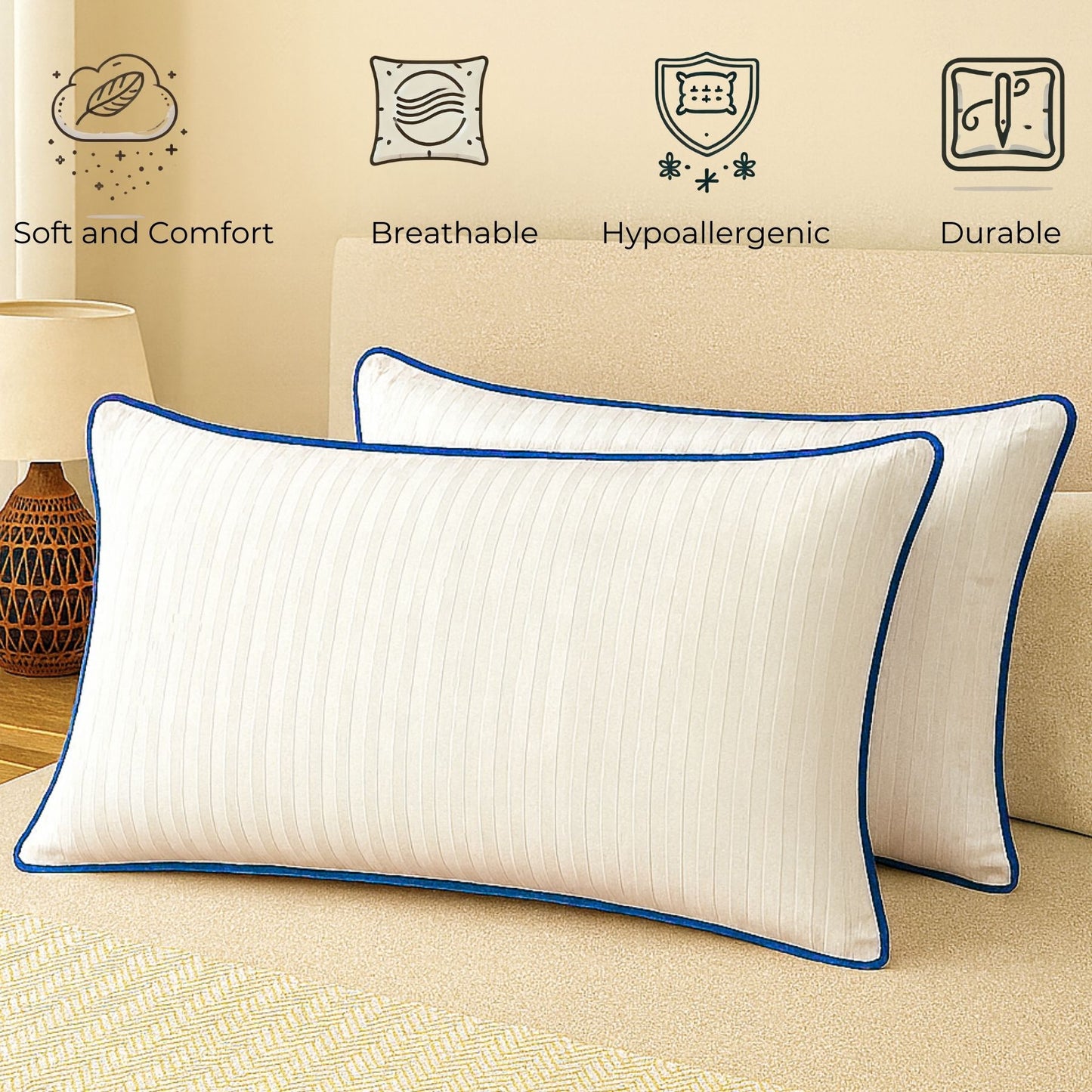 Siroki Bond Microfiber Filling Single Pipin Pillow for Home Bedroom & Living Room 17x27 Soft Sleeping Pillow (Blue)