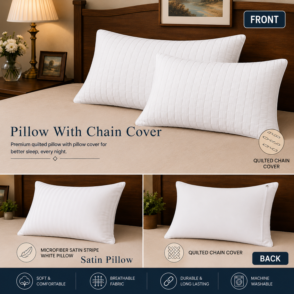 Siroki Bond Solid Quilted Sleeping Pillow Cover (16X24) – White