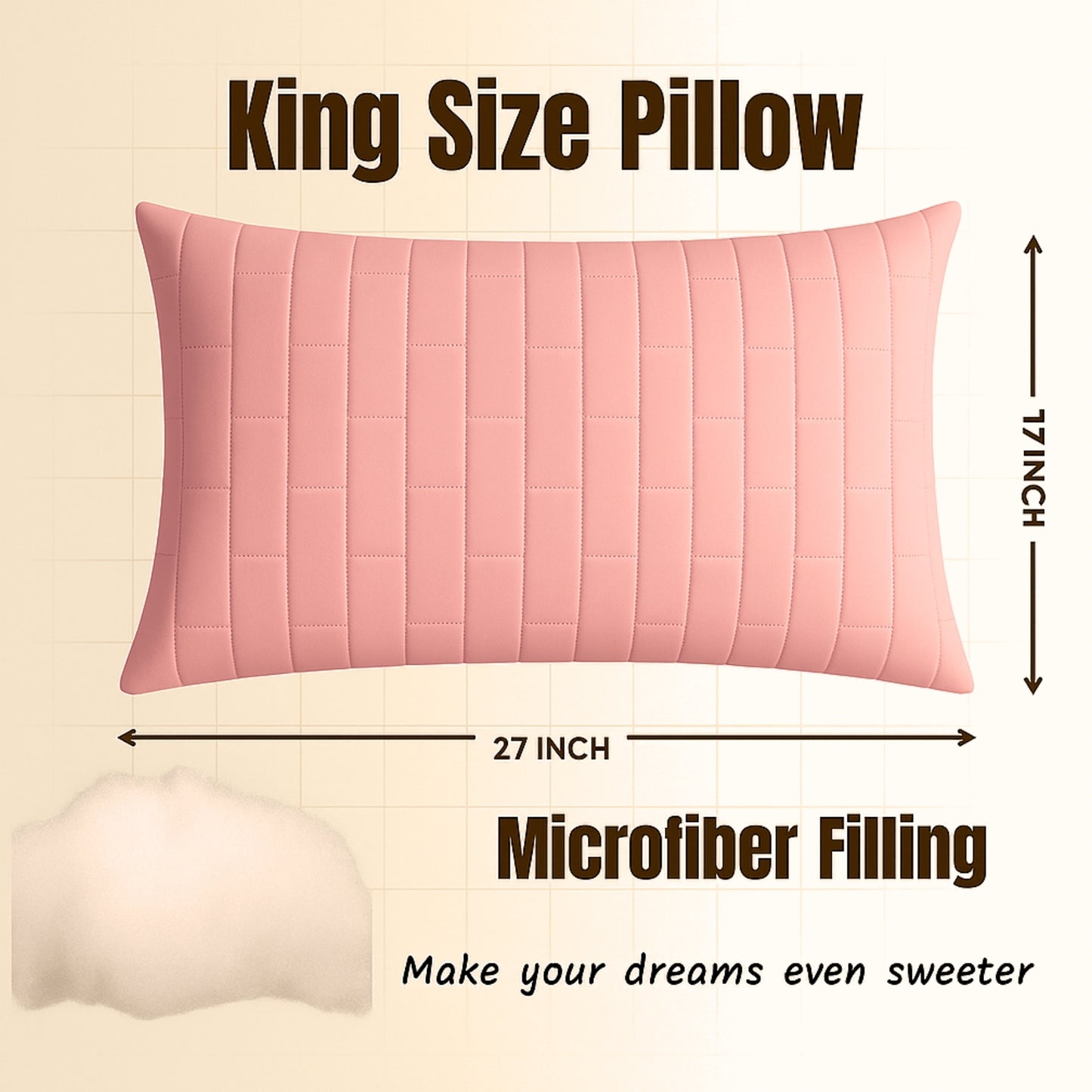 Siroki Bond Microfiber filling Quilted Pillow for Home Bedroom & Living Room 17x27 Soft Sleeping Pillow (Peach)