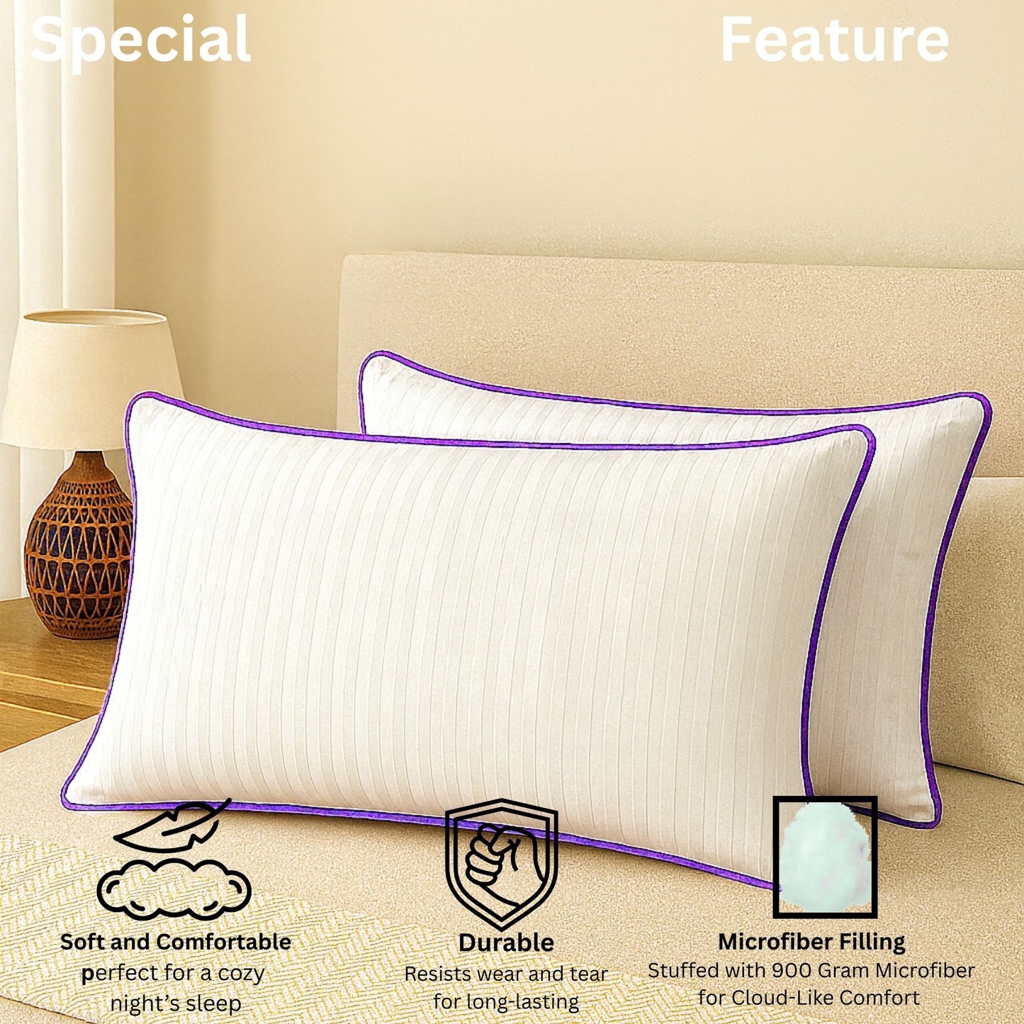 Siroki Bond Microfiber Filling Single Pipin Pillow for Home Bedroom & Living Room 17x27 Soft Sleeping Pillow (Purple)