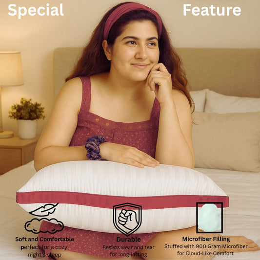 Siroki Bond Microfiber Filling Border Pillow for Home Bedroom & Living Room 17x27 Soft Sleeping Pillow (Red)