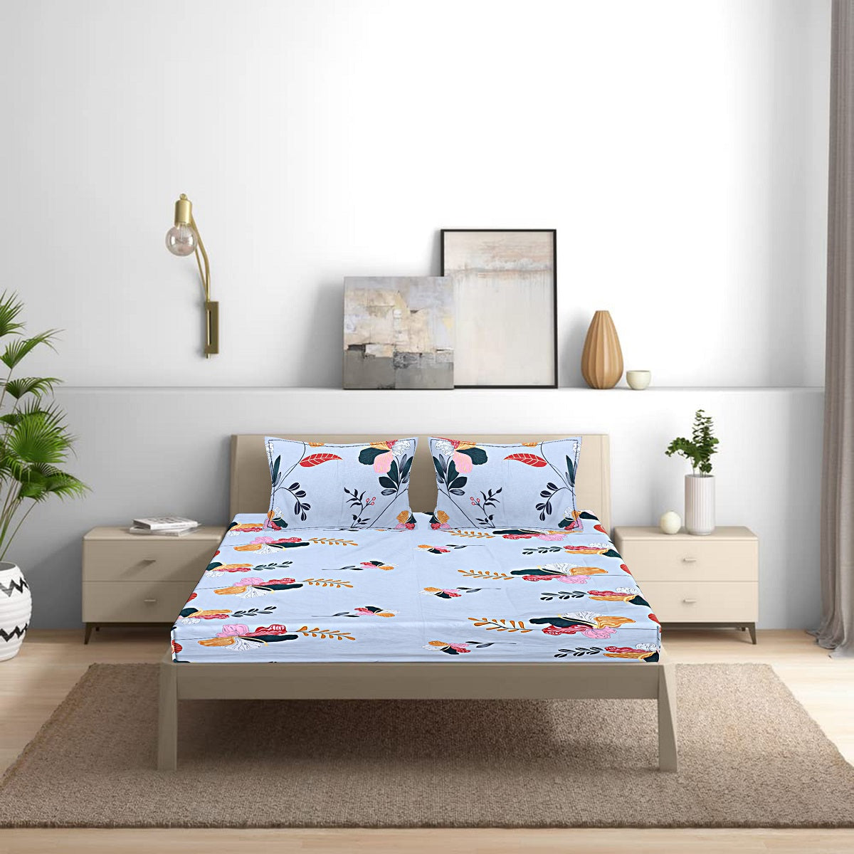 Siroki Bond Sky Blue Printed Pillow Cover (17*27)