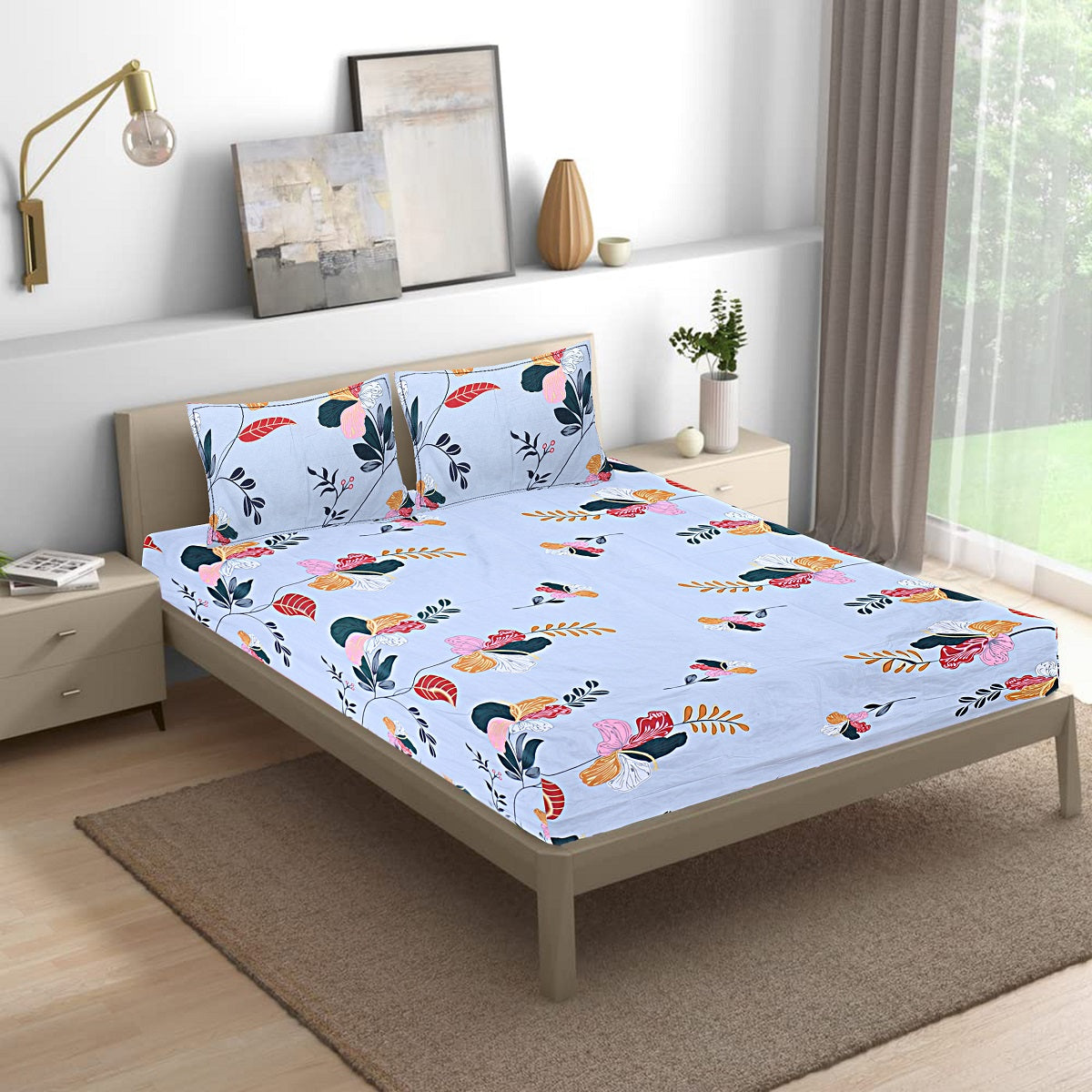Siroki Bond Sky Blue Printed Pillow Cover (17*27)