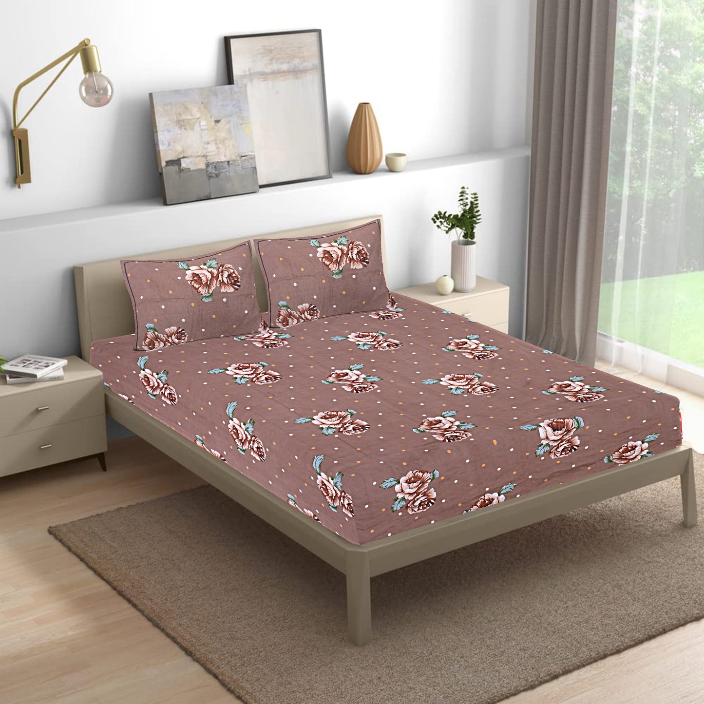 Siroki Bond Light Brown Floral Printed Cotton King Bed Sheet