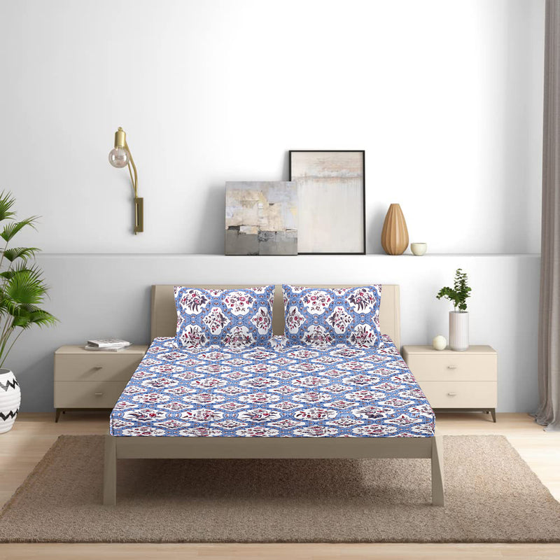 Siroki Bond Blue Premium Printed Double Bedsheet