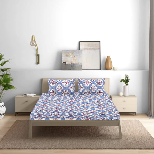 Siroki Bond Blue Floral Printed Premium King Bed Sheet