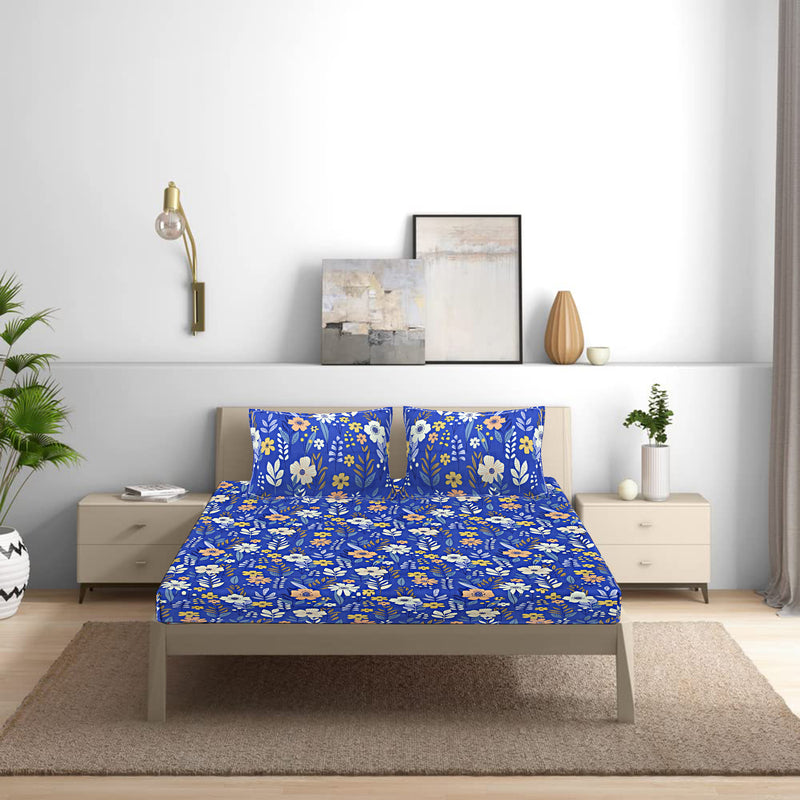 Siroki Bond  Royal Blue Floral Printed Premium Bed Sheet