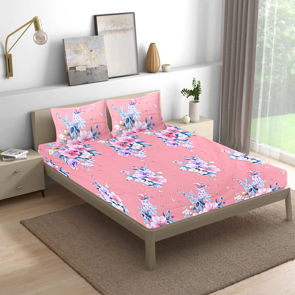 Siroki Bond Pink Floral Printed Premium King Bed Sheet