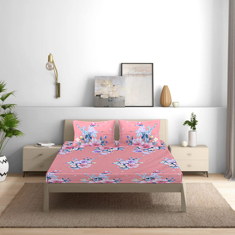 Siroki Bond Pink Floral Printed Premium Double Bed Sheet