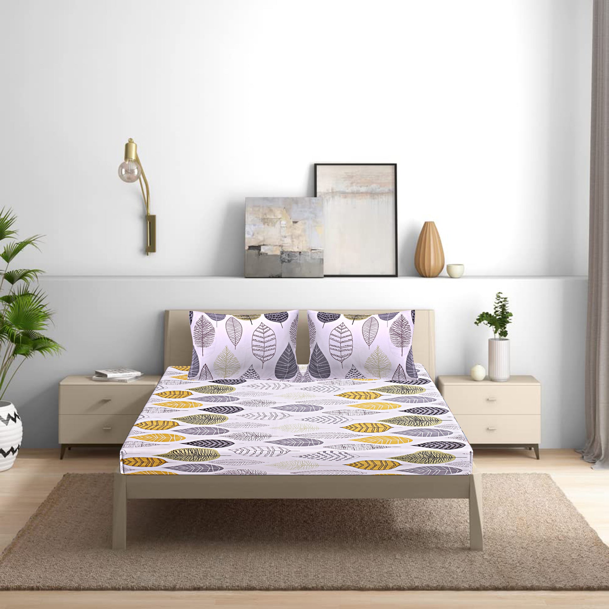 Siroki Bond Leaf Printed Cotton Flat King Bedsheet