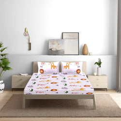 Siroki Bond White Cartoon Printed Premium Fitted Bedsheet