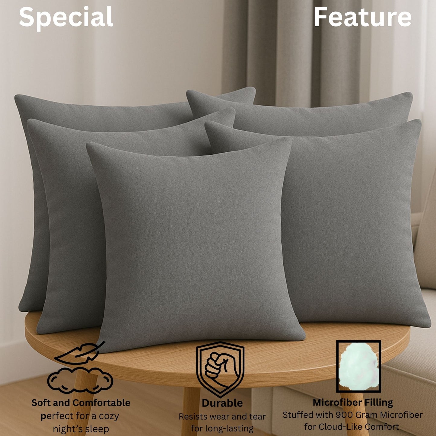 Siroki Bond Microfiber Filling Cushion For Home Office Living Room 16x16 Inch Soft Fluffy Cushion (Grey)