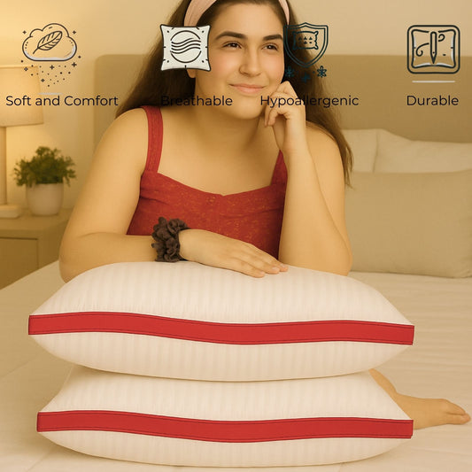 Siroki Bond Microfiber Filling Border Pillow for Home Bedroom & Living Room 17x27 Soft Sleeping Pillow (Red)