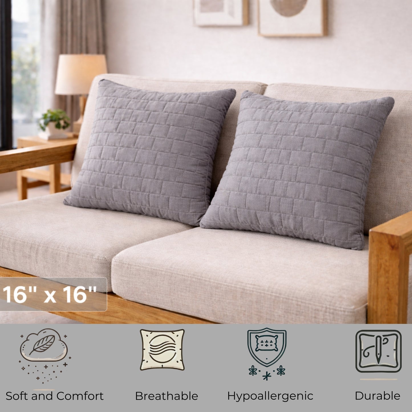 Siroki Bond Microfiber Cushion with Quilted Cover (16x16) – Grey
