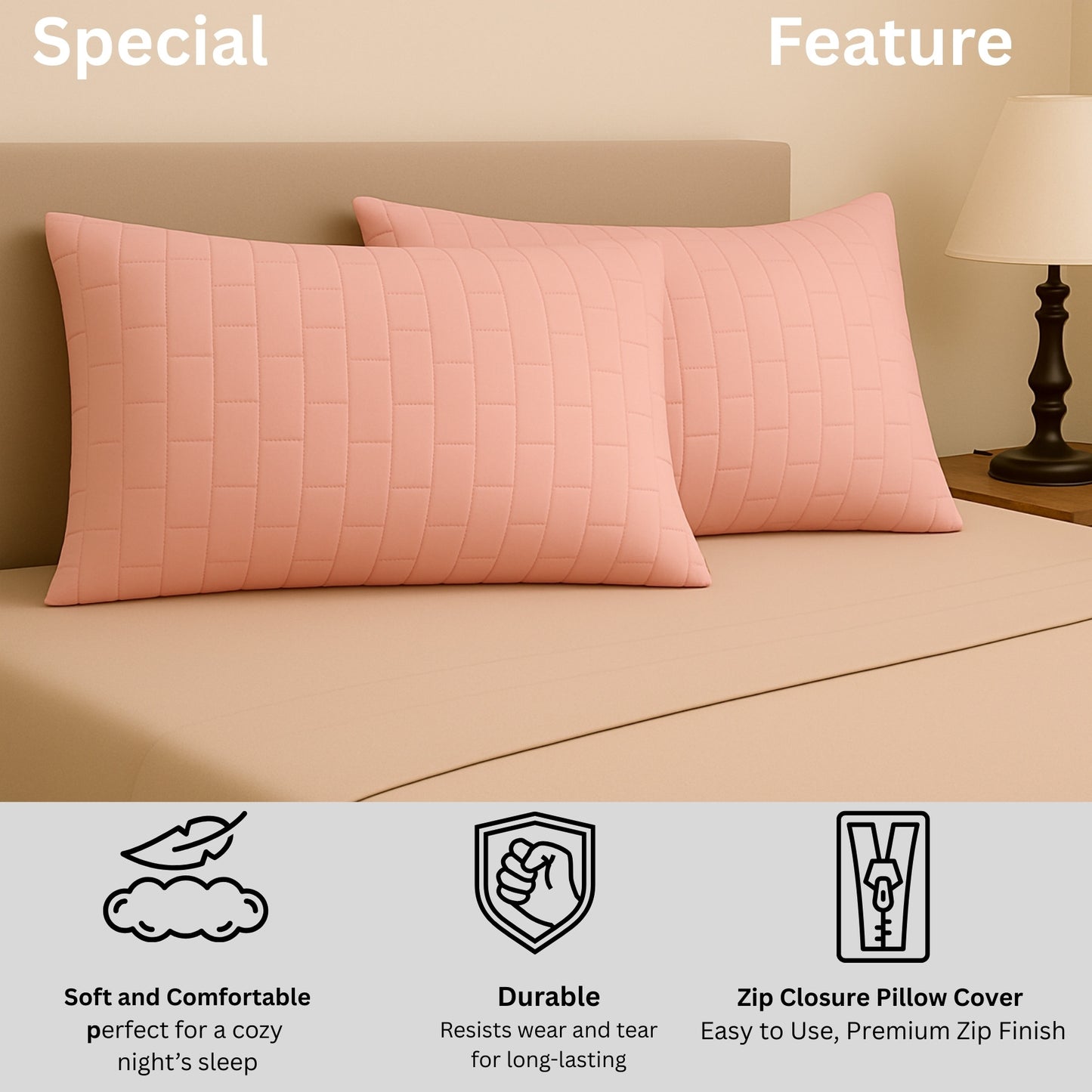 Siroki bond Quilted Pillow Cover For Home Decor Bedroom Soft Fluffy 17*27 Inch Pillow Case (Pink)