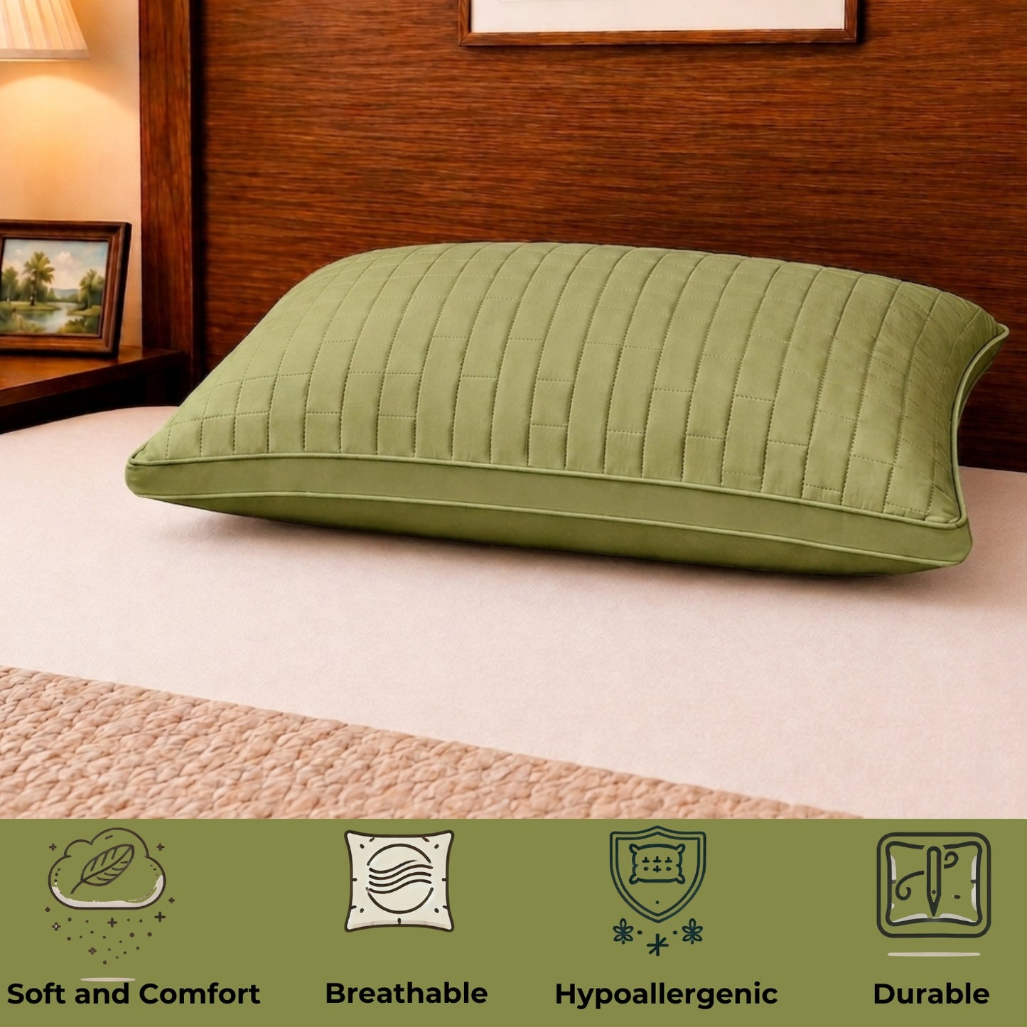 Siroki Bond Solid Double Pipin Quilted Sleeping Pillow (Olive)