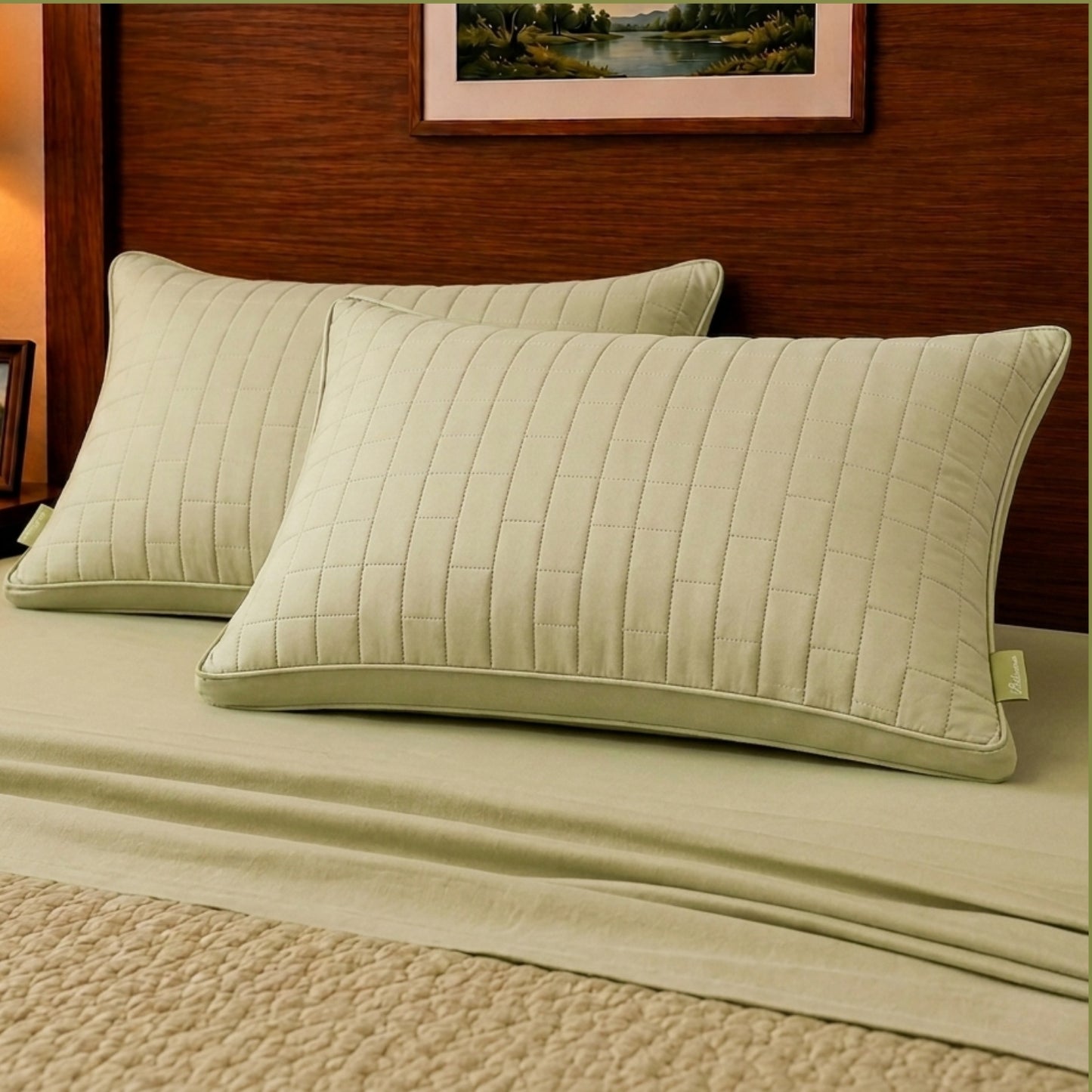 Siroki Bond Solid Double Pipin Quilted Sleeping Pillow (Olive)