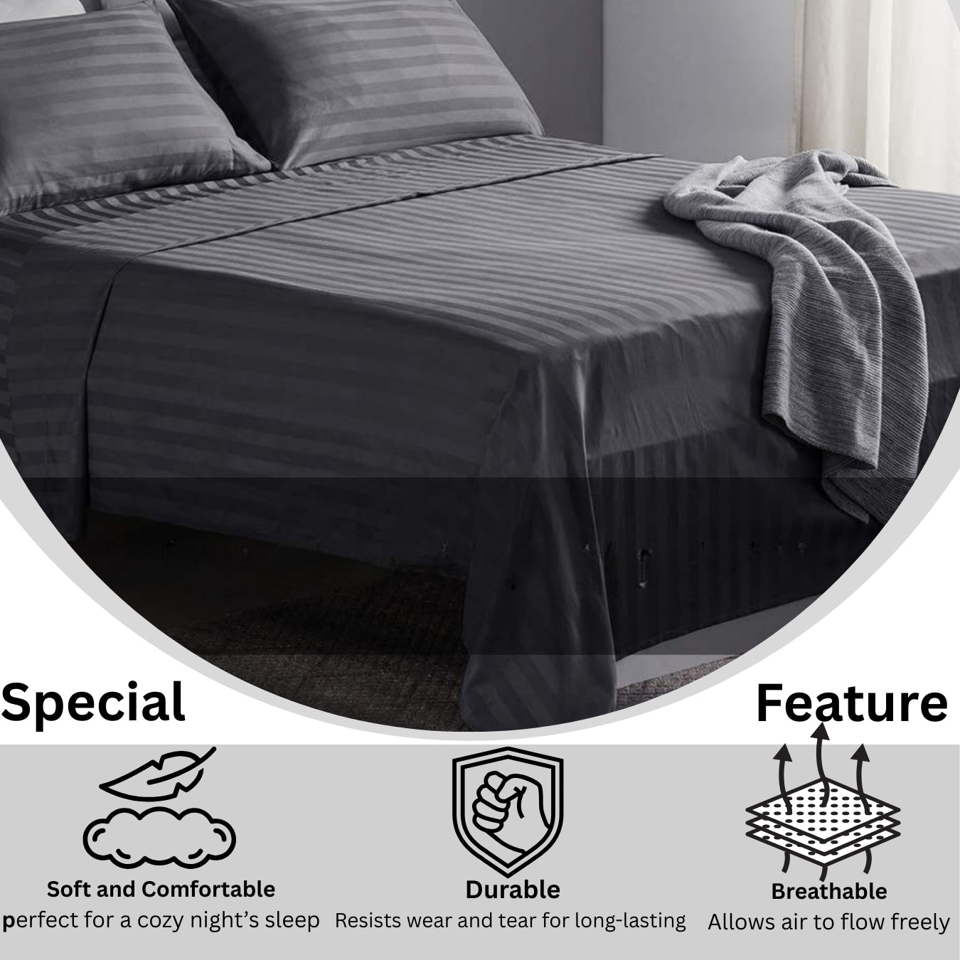 Siroki Bond Cotton Satin Strips Flat Bedsheet with Pillow Case | for Home Hotels Guest House | 250 TC Plain Single Bedsheet (Grey)