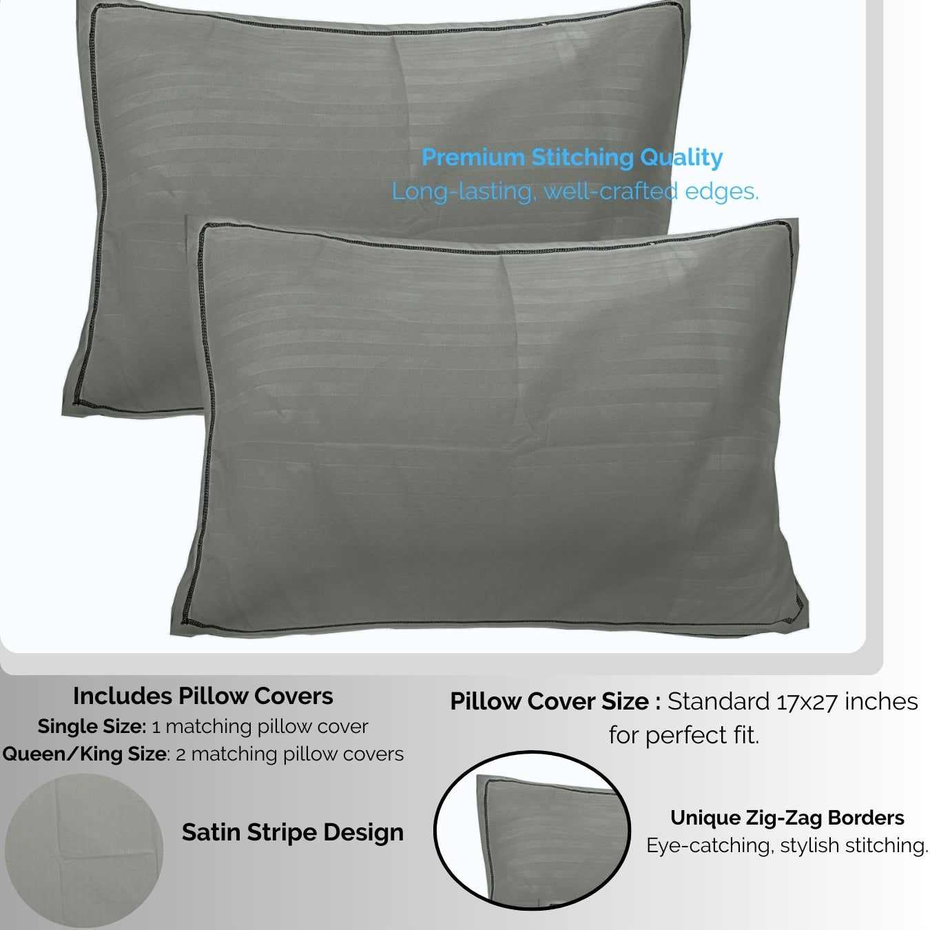 Siroki Bond Cotton Satin Strips Flat Bedsheet with Pillow Case | for Home Hotels Guest House | 250 TC Plain Single Bedsheet (Grey)