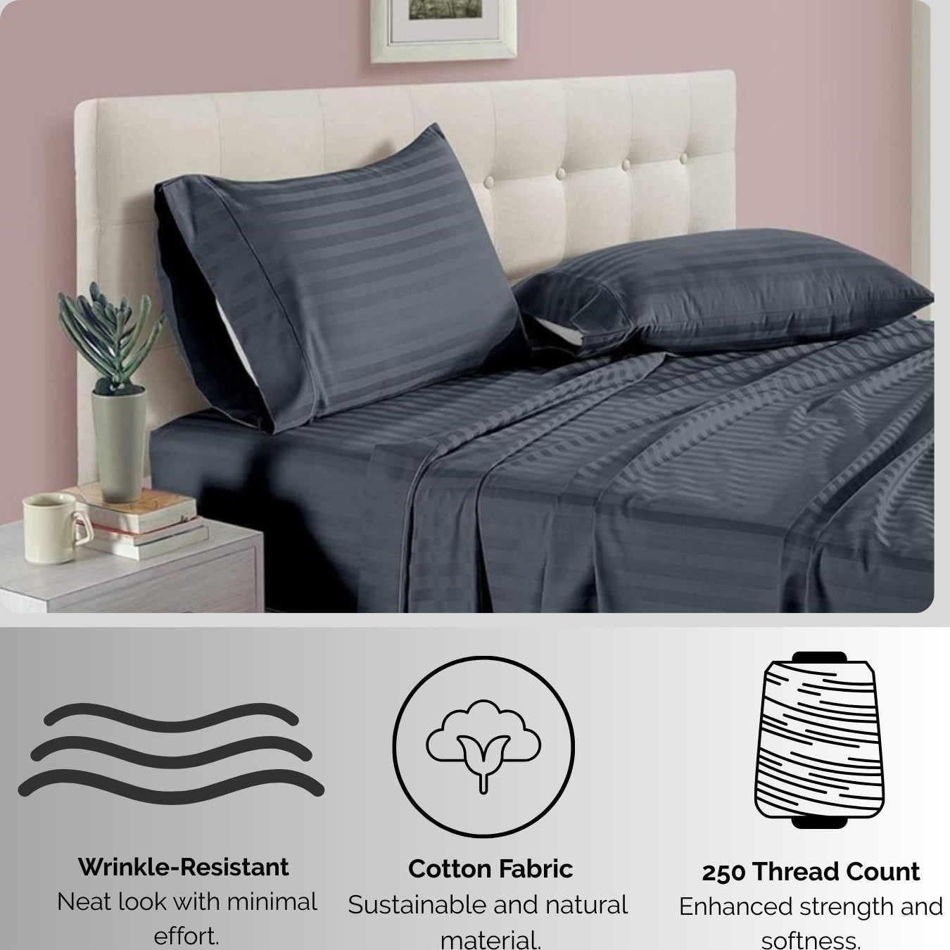 Siroki Bond Cotton Satin Strips Flat Bedsheet with Pillow Case | for Home Hotels Guest House | 250 TC Plain Single Bedsheet (Grey)