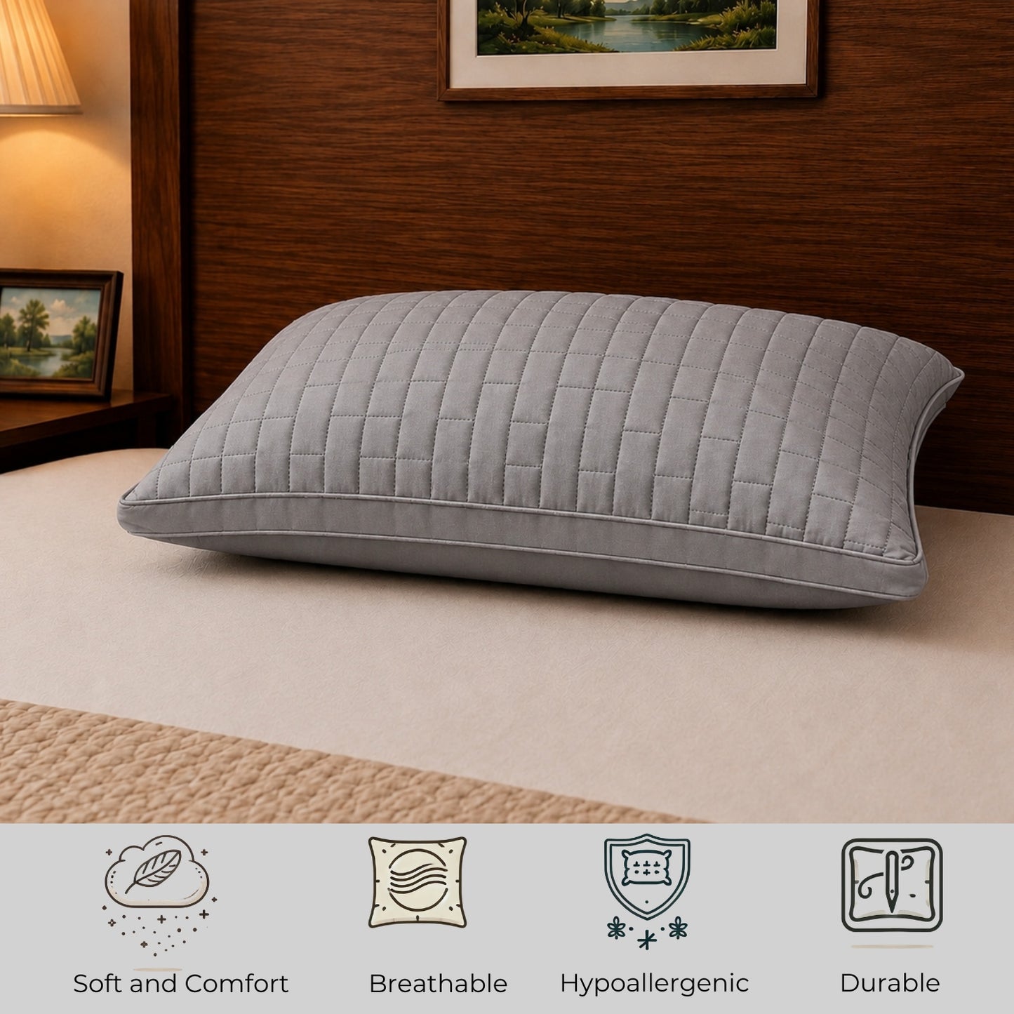 Siroki Bond Solid Double Pipin Quilted Sleeping Pillow (Grey)
