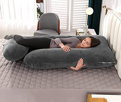 Siroki Bond Grey J-shape Velvet Full Body Pregnancy Pillow For Pregnant Women