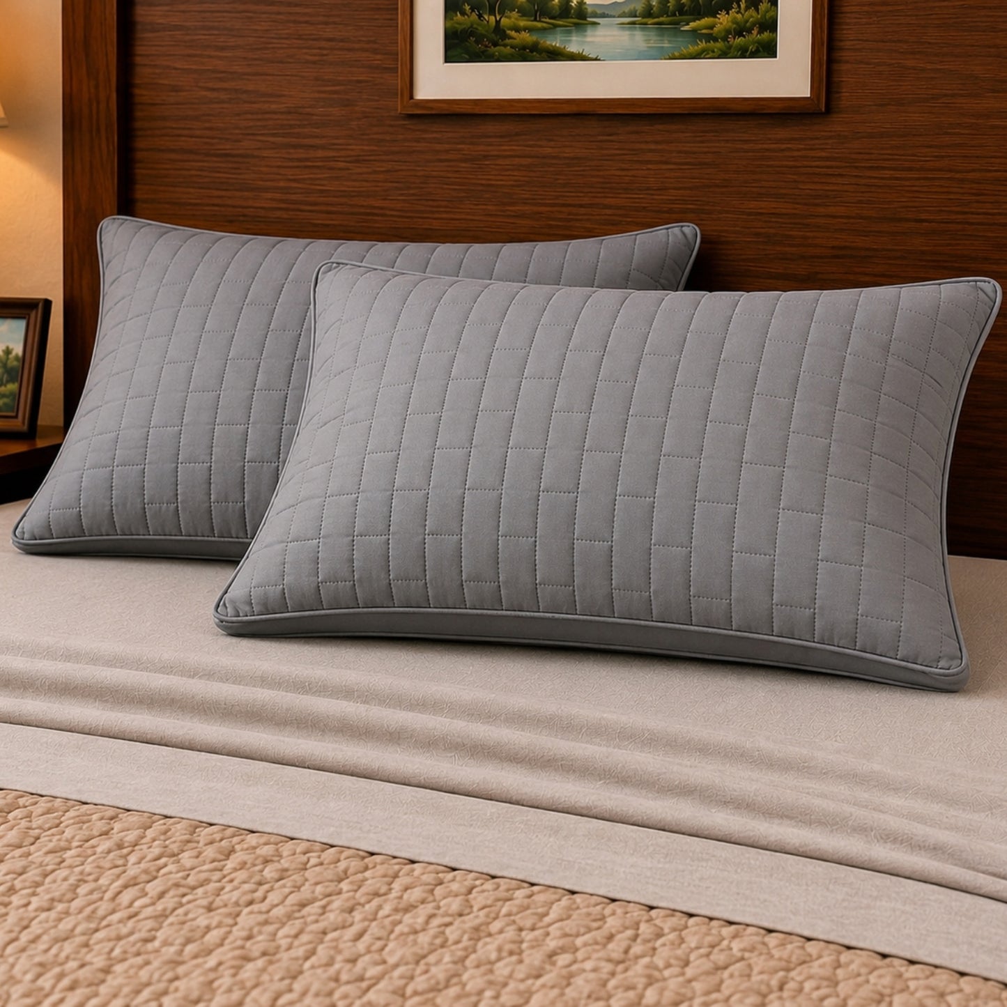 Siroki Bond Solid Double Pipin Quilted Sleeping Pillow (Grey)