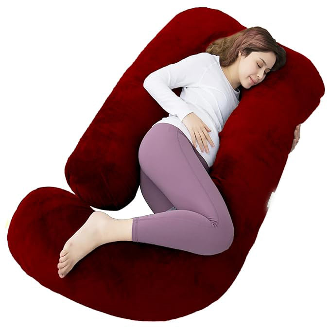 Siroki Bond Red J-shape Full Body Velvet Pregnancy Pillow for Pregnant Women