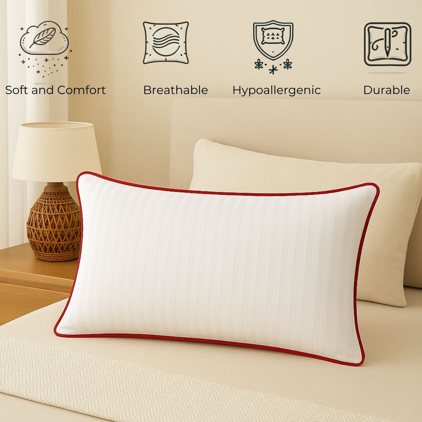 Siroki Bond Microfiber Filling Single Pipin Pillow for Home Bedroom & Living Room 17x27 Soft Sleeping Pillow (Red)