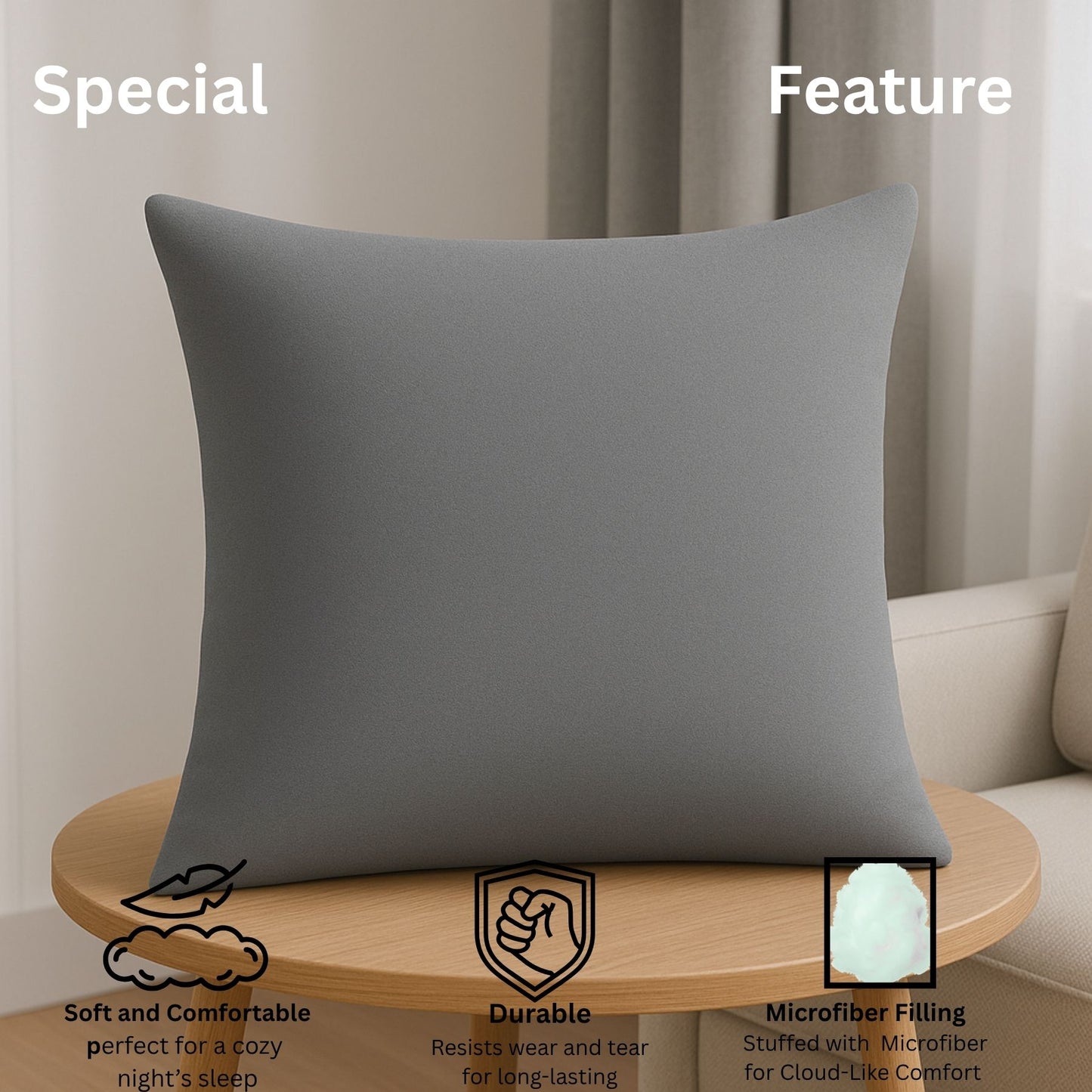 Siroki Bond Microfiber Filling Cushion For Home Office Living Room 16x16 Inch Soft Fluffy Cushion (Grey)