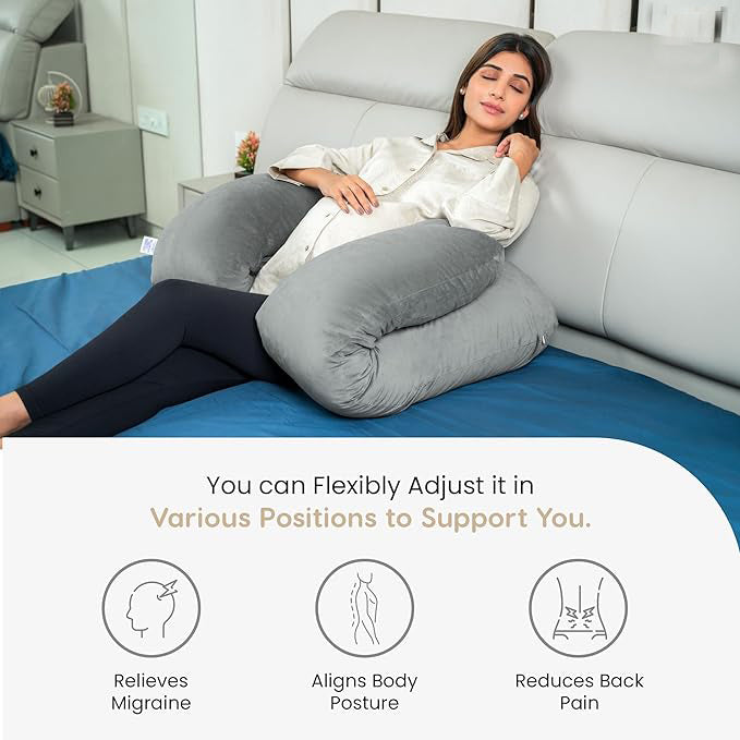 Siroki Bond J-shape Full Body Grey Velvet Pregnancy Pillow for Pregnant Women