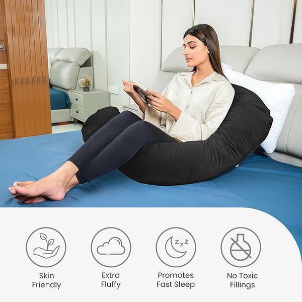 Siroki Bond Black J-shape Full Body Velvet Pregnancy Pillow for Pregnant Women