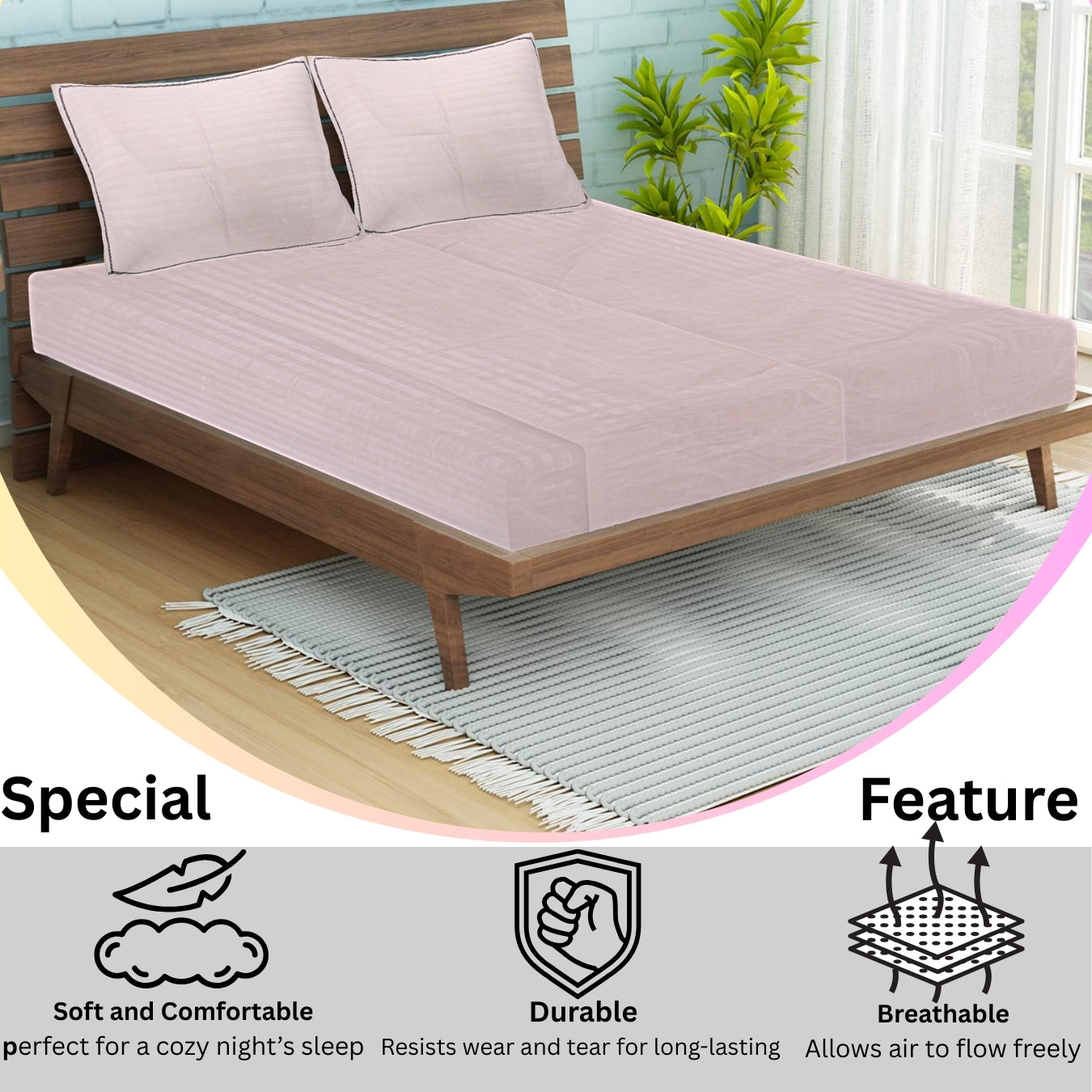 Siroki Bond Cotton Satin Strips Flat Bedsheet with Pillow Case | for Home Hotels Guest House  Inch | 250 TC Plain Bedsheet (Cream)