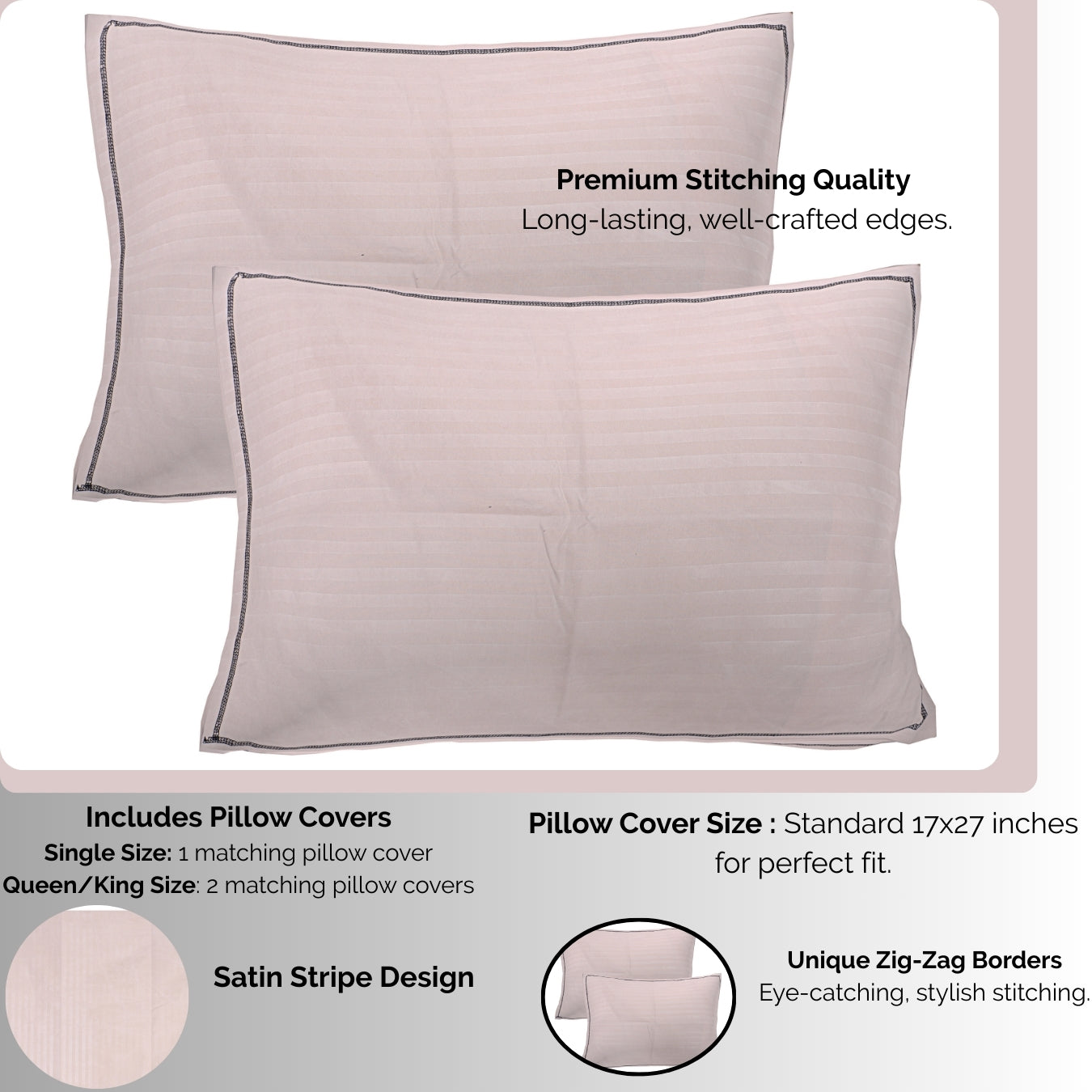 Siroki Bond Cotton Satin Strips Flat Bedsheet with Pillow Case | for Home Hotels Guest House  Inch | 250 TC Plain Bedsheet (Cream)