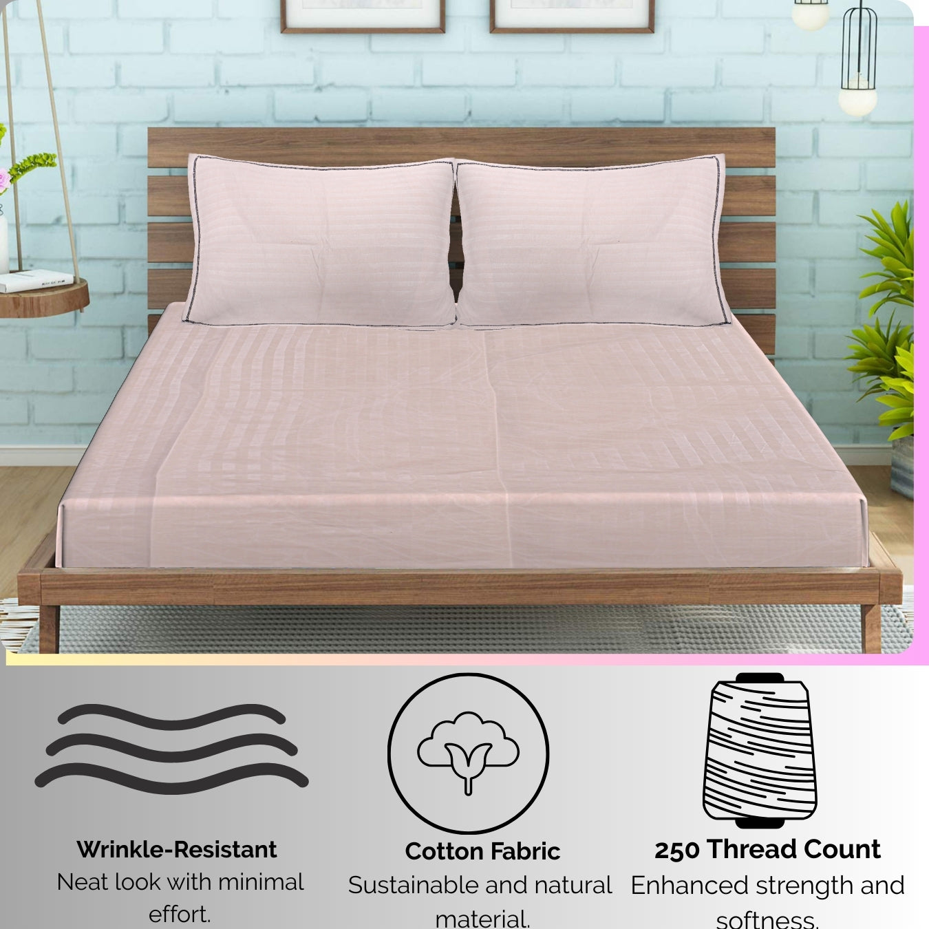 Siroki Bond Cotton Satin Strips Flat Bedsheet with Pillow Case | for Home Hotels Guest House  Inch | 250 TC Plain Bedsheet (Cream)
