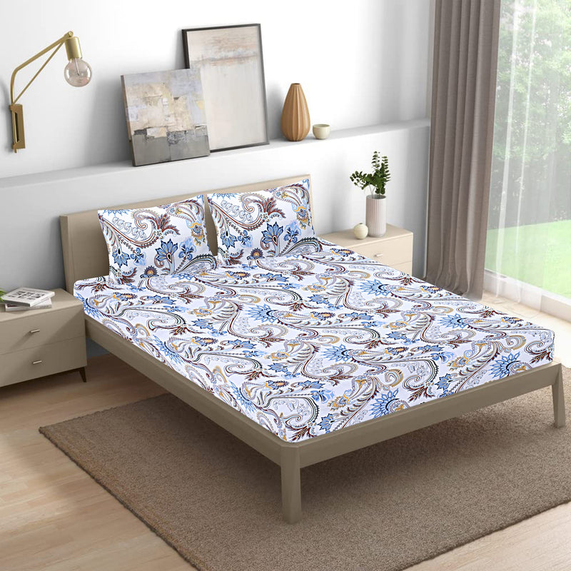 Siroki Bond  White Blue Floral Printed Premium Bed Sheet