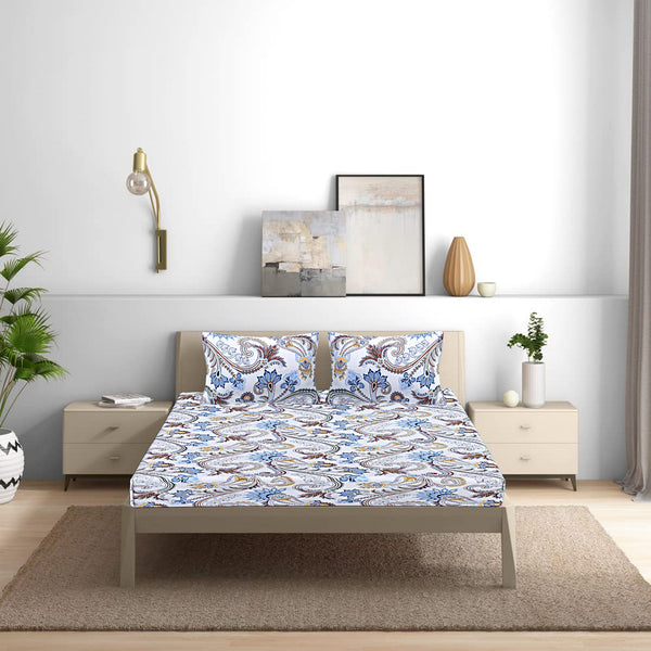 Siroki Bond Fitted White Blue Floral Printed Double Bed Sheet