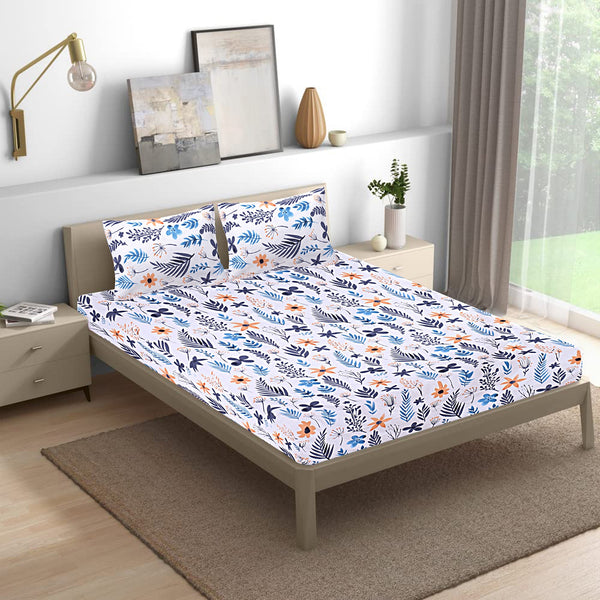 Siroki Bond Fitted Blue White Floral Printed Premium Double Bed Sheet