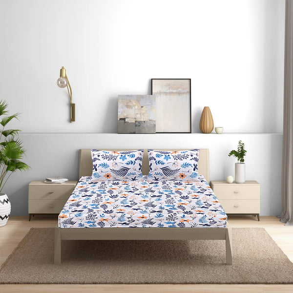 Siroki Bond Fitted Blue White Floral Printed Premium Double Bed Sheet