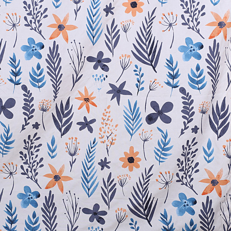 Siroki Bond Fitted Blue White Floral Printed Premium Double Bed Sheet