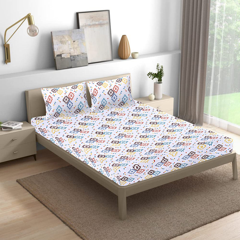 Siroki Bond Fitted Multi Geometric Printed Premium Double Bed Sheet