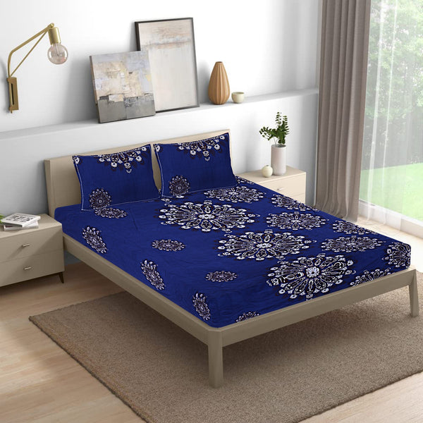 Siroki Bond Fitted Dark Blue Floral Printed Premium Double Bed Sheet