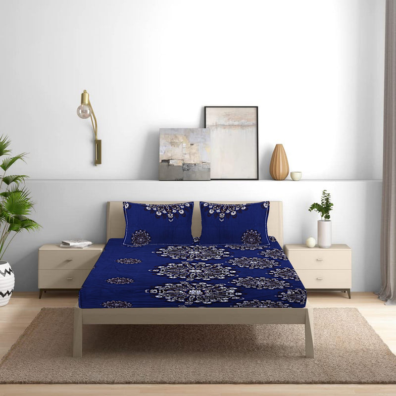 Siroki Bond Fitted Dark Blue Floral Printed Premium Double Bed Sheet