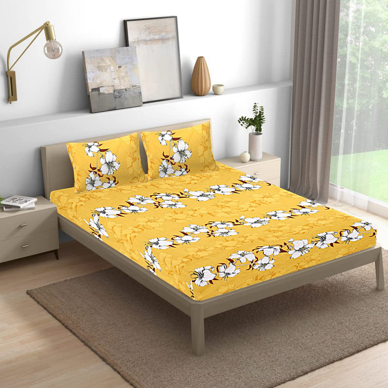 Siroki Bond Fitted Yellow Floral Printed Premium Double Bed Sheet