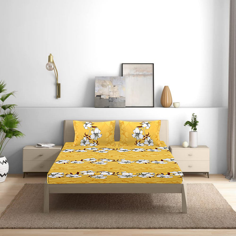 Siroki Bond Yellow Floral Printed King Bed Sheet