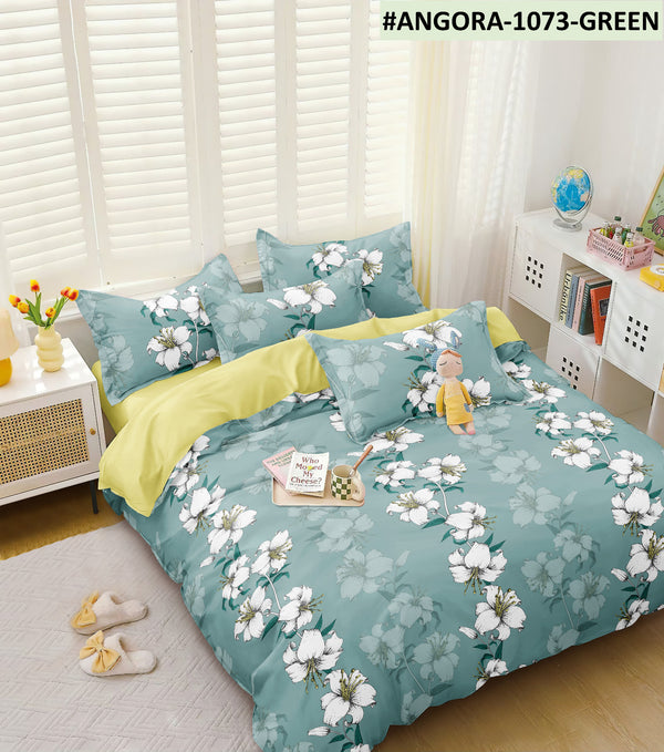 Siroki Bond Fitted Green Floral Double Bed Printed Premium Bed Sheet